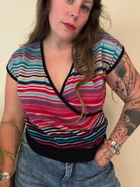Vintage 70s Knit Striped Metallic Designations Crossover V Neck Top Large